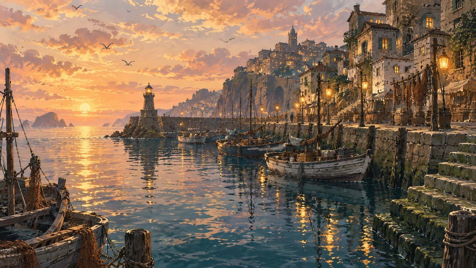 Saltsong at the evening tide: boats at their ropes beside the green stone steps of the quay, and golden lanterns being lit along the harbour.