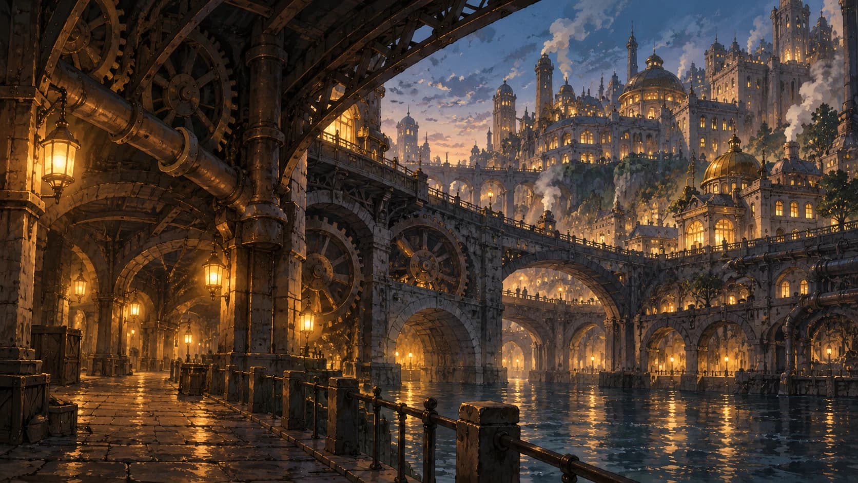 Gearglow before dawn: brass arches and slow gear-wheels under the Foundry's underbridge, lamps still set low and amber, and the lit tiers of the city rising beyond.