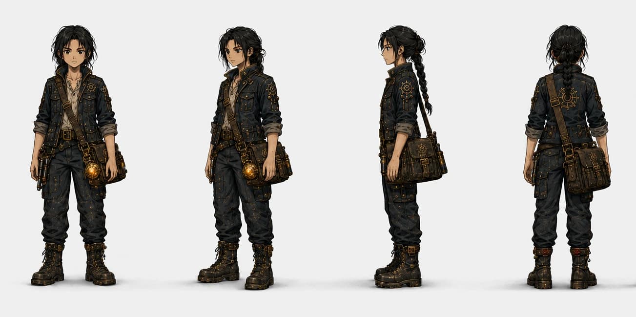 Model sheet of Ada: front, three-quarter, side and back.