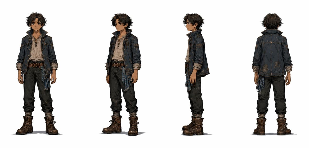 Model sheet of Caleb Coorl: front, three-quarter, side and back.