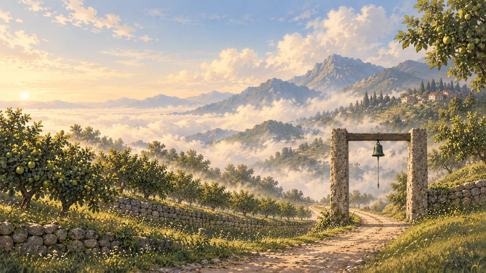 Morning over terraced orchards above a sea of cloud. An old bronze bell hangs from a beam between two stone gateposts, and a dirt road winds away beside a dry-stone wall.