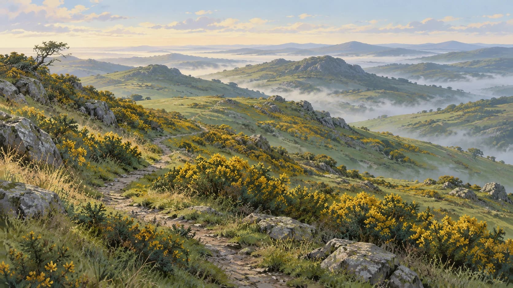 The wilds in early morning: slope behind slope of gorse, rough grass and grey rock, with mist filling the folds of the ground and a sheep-track winding away.