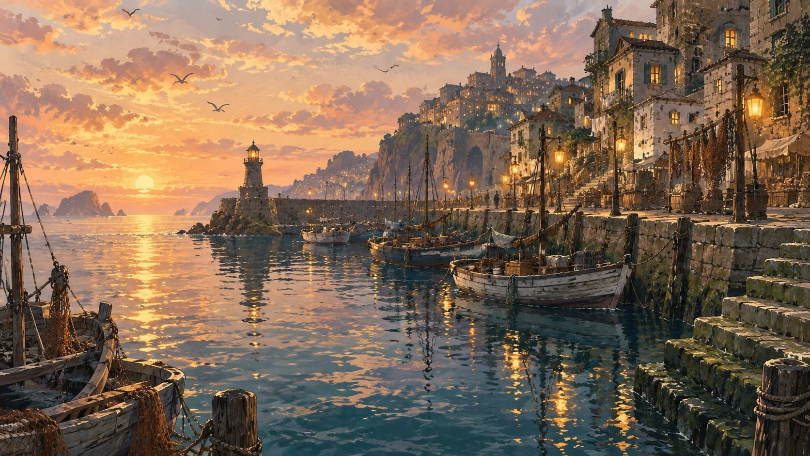 Saltsong at the evening tide: boats at their ropes beside the green stone steps of the quay, and golden lanterns being lit along the harbour.
