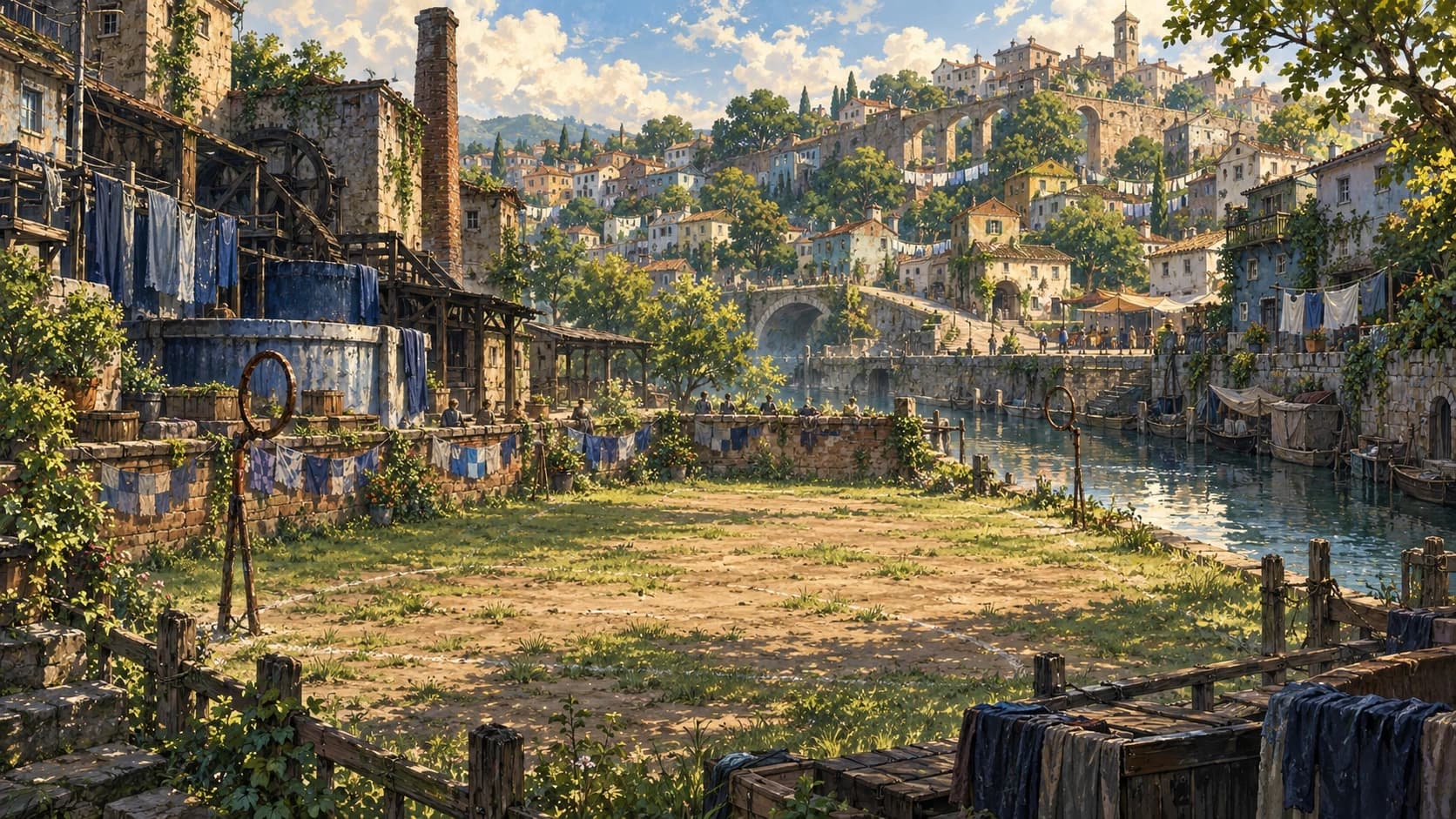 Low Quilt on a market-day afternoon: a strip of mended dirt between the dye-works and the canal, an iron ring at each end, and the patchwork town beyond.