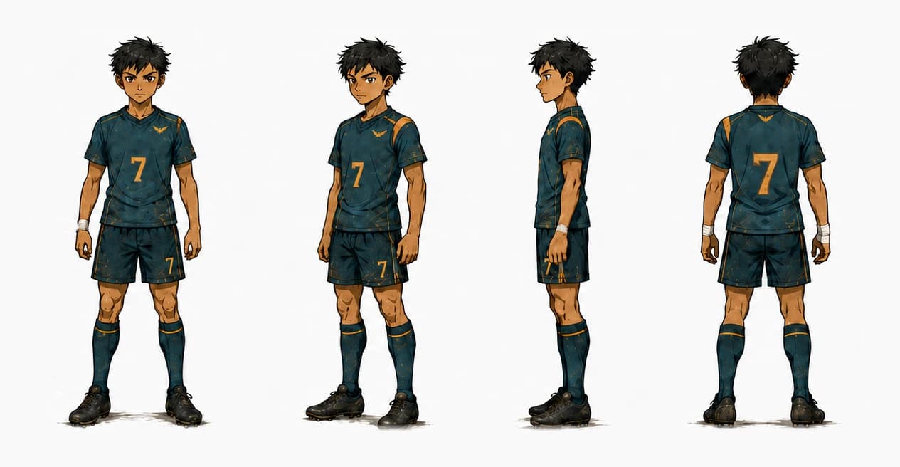 Model sheet of Goro: front, three-quarter, side and back.