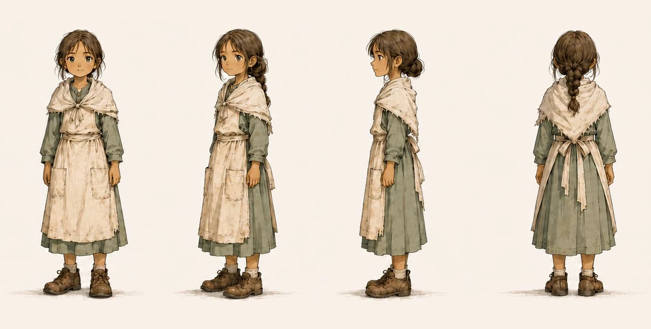 Model sheet of Wenna Belltrue: front, three-quarter, side and back.